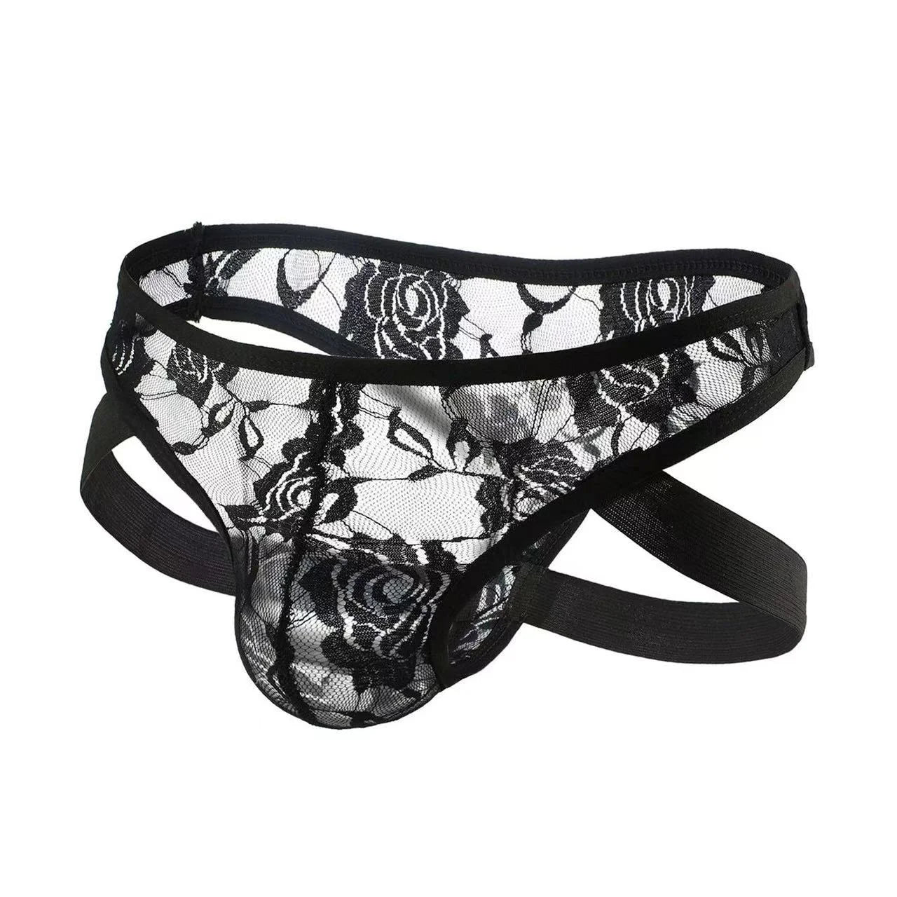Black Sexy front look of transparent lace thong underwear for gay men