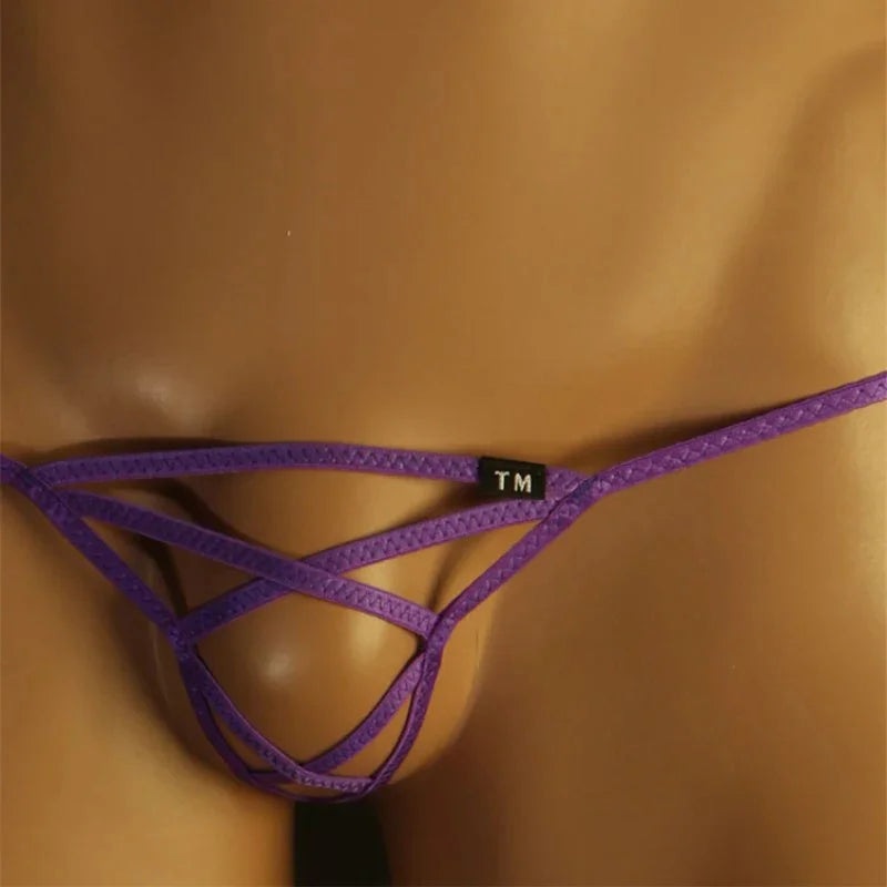 Close-up of thin strap detail on Purple men’s G-string thong