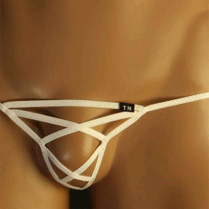 Close-up of thin strap detail on White men’s G-string thong