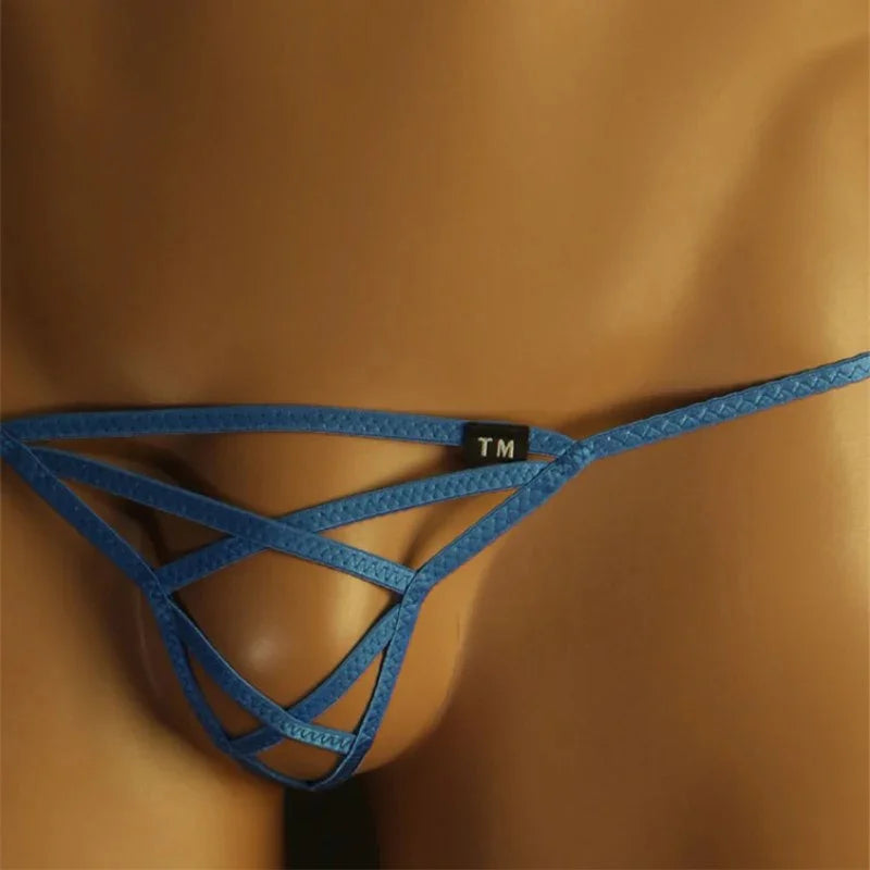 Close-up of thin strap detail on blue men’s G-string thong