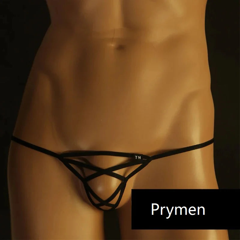 Men’s sexy open back G-string thong with thin straps front view Black