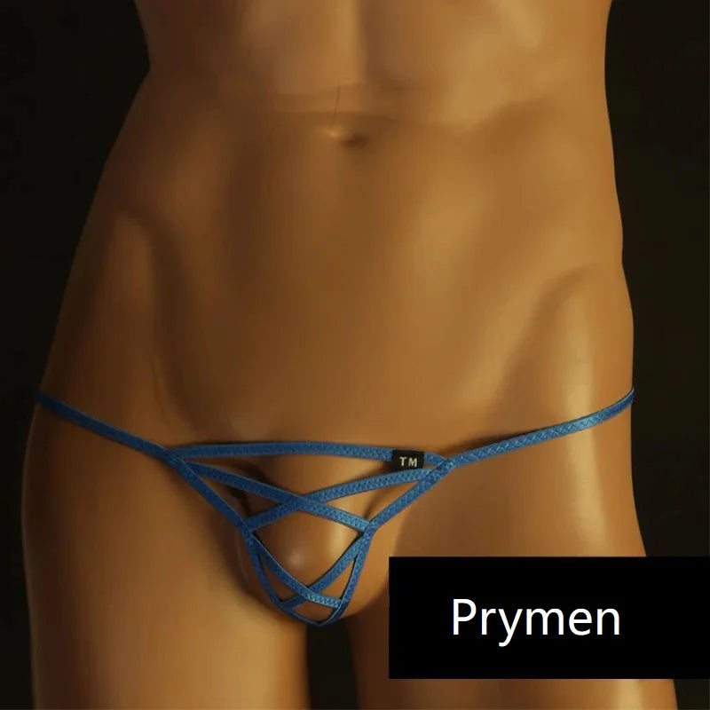 Men’s sexy open back G-string thong with thin straps front view Blue
