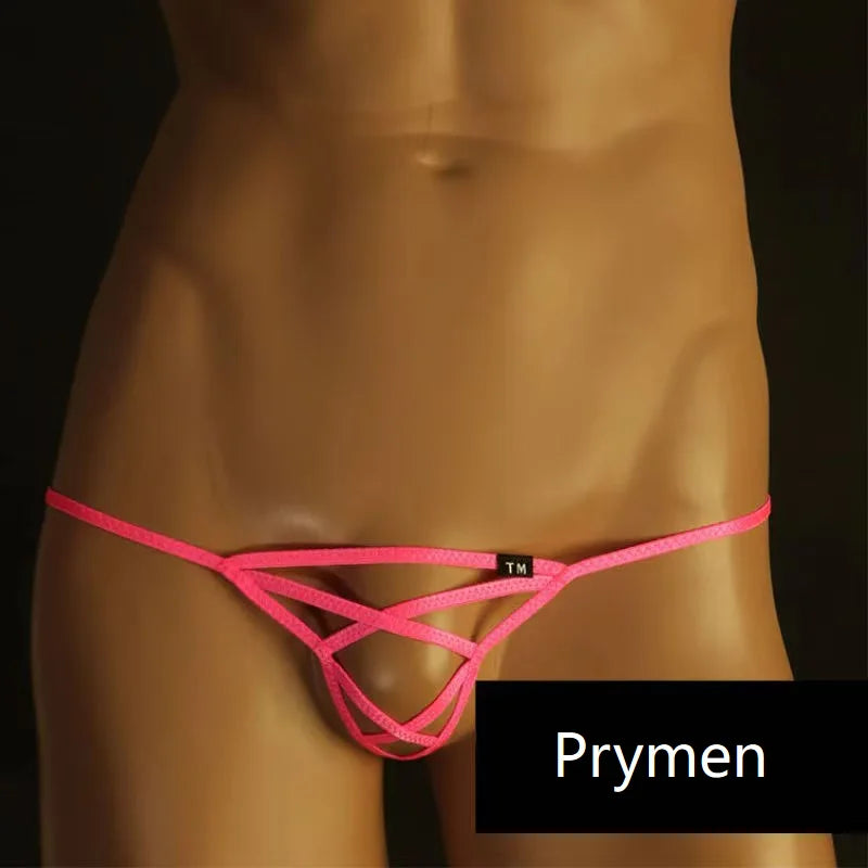Men’s sexy open back G-string thong with thin straps front view Pink