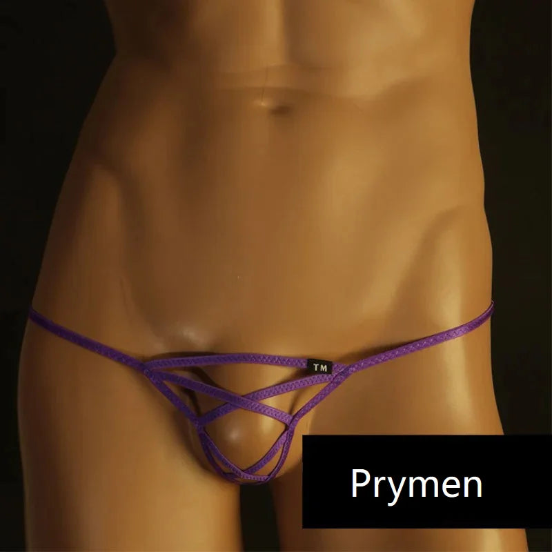 Men’s sexy open back G-string thong with thin straps front view Purple