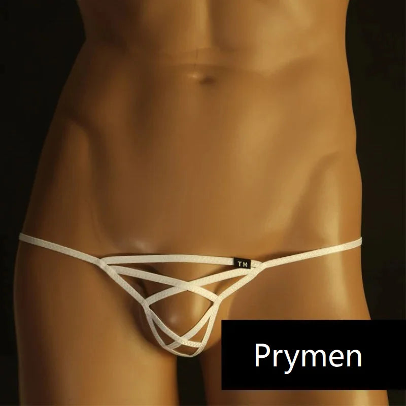 Men’s sexy open back G-string thong with thin straps  front view White