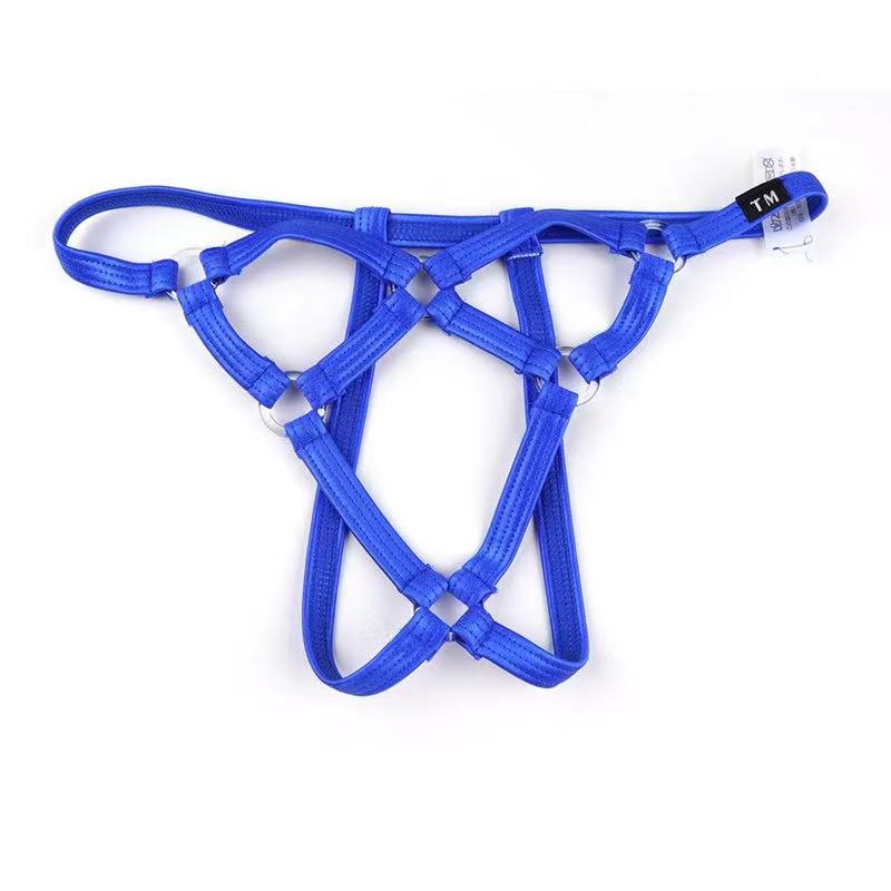 Blue men’s G-string thong with open back and strappy design real photo