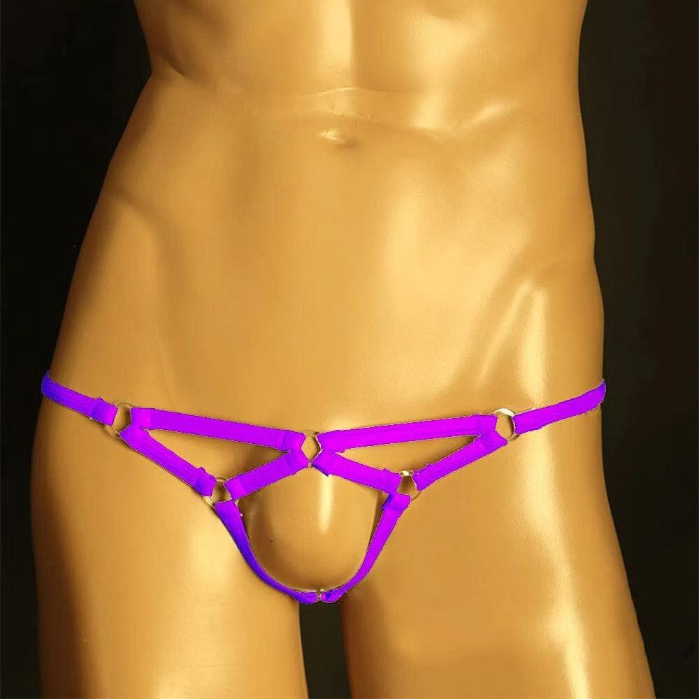 Purple men’s G-string thong with open back and strappy design