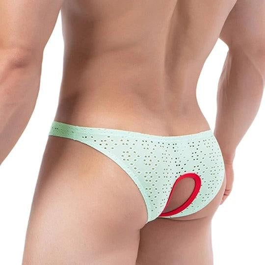 Back view of green Soft nylon crotchless briefs for gay men