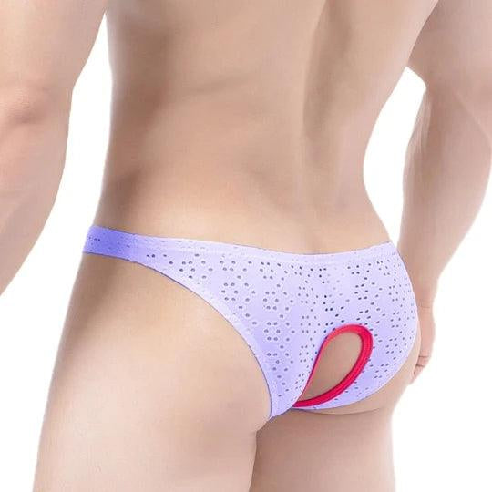 Back view of purple Soft nylon crotchless briefs for gay men