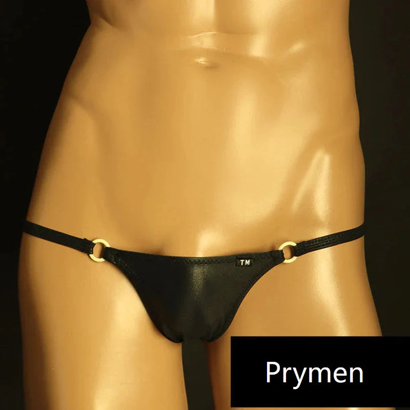 Front view of Black sexy breathable T-back underwear for men with thin straps