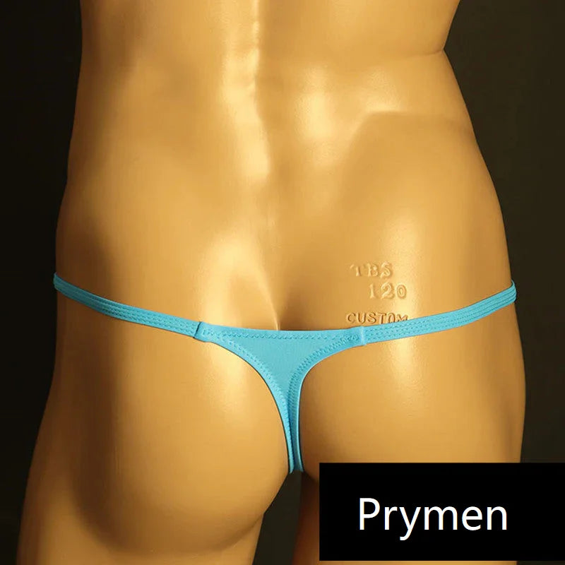 Back view of blue sexy breathable T-back underwear for men with thin straps