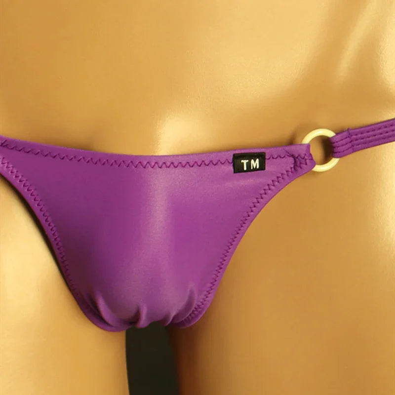 Purple men’s silky ice silk G-string thong with low waist and ring detail