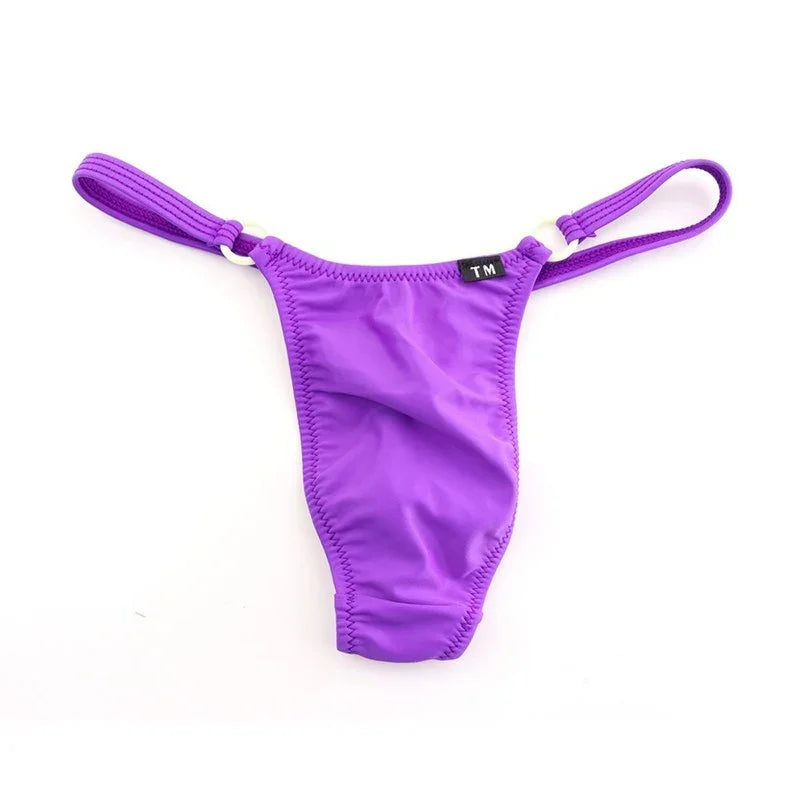Front view of purple men’s silky ice silk G-string thong with low waist and ring detail