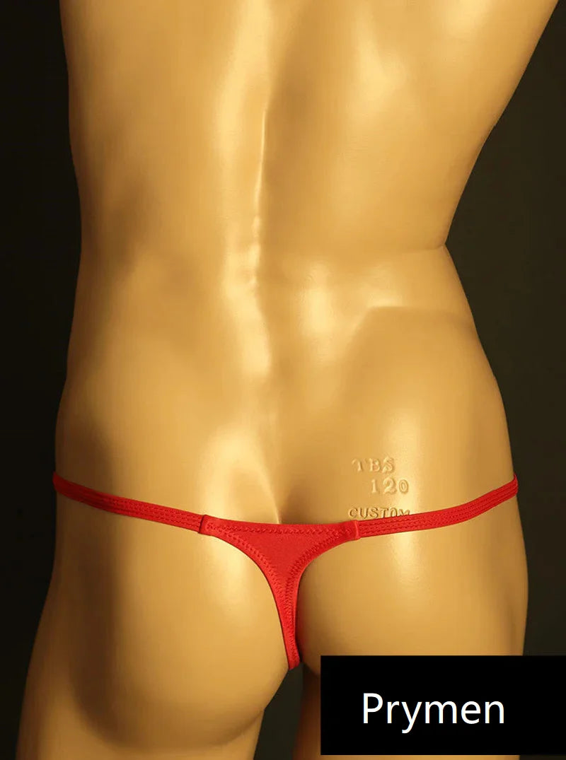 Back view of red men’s silky ice silk G-string thong with low waist and ring detail